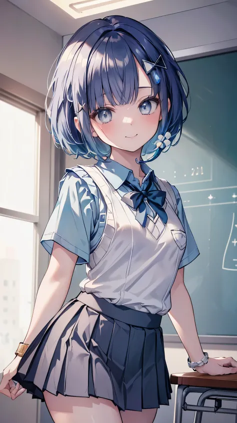 ((masterpiece、Highest quality、Very detailed))、One girl、gyaru、Tsumugi Kokage、Blue Hair、short hair、hair ornament、Grey Eyes、smile、Small breasts、((White collared shirt))、Short sleeve、A bow tie、((light blue sweater vest))、((Black pleated skirt))、((miniskirt))、C...