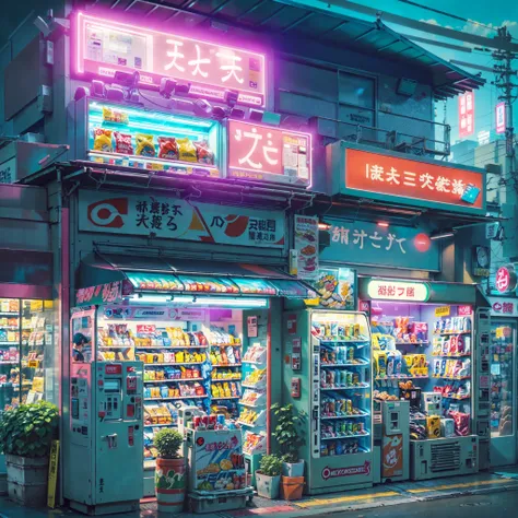 ((futuristic tokyo convenience store with a big vending machine outside: 1.3)) , ((camera facing the front of the store:1.2)), detailed anime artwork, urban, cyberpunk anime scene, ((bright blue sky: 1.0)), extra detailed, very detailed, neon japanese shop...