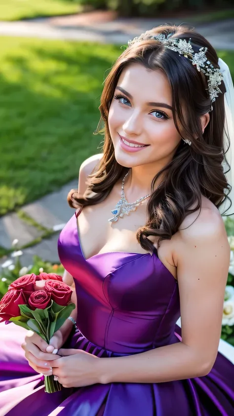 Realistic upper body photo of a brunette flower girl aged 23 with long hair, beautiful smile and ready for a kiss. Flower in the Hair, Necklace, She smiles in the camera in a long A-line dress with straps made of shiny purple satin..., Park,Glamour photosh...