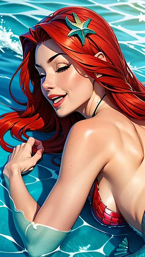 1girl, mermaid, monster girl, one eye closed, solo, chest, lying, on stomach, open mouth, long hair, mermaid tail, red hair, smile, backside, looking at viewer, hair ornament, ;d, medium chest, back