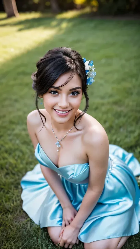 Realistic upper body photo of a black haired flower girl aged 23 with ponytail, beautiful smile and ready for a kiss. Flower in the Hair, Necklace, She smiles in the camera in a long A-line dress with straps made of shiny light blue satin..., Park,Glamour ...