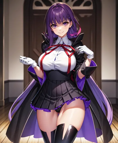  Isoscale, Mid Shot,  night, ,,, Purple Hair, Black jacket, White shirt, Black Skirt, Red ribbon, Big Breasts, Purple eyes, White gloves, Long Hair, Large collar, Wicked Smile,,shiny thigh high boots,(Wicked Smile:1.3),Highly detailed CG Unity 8k wallpaper...