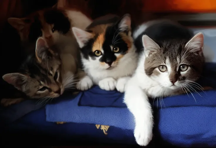 Three adorable kittens, with varying fur patterns, rest comfortably on a soft blue blanket. The lighting highlights the gentle colors of their fur, with one kitten looking directly at the camera, while the other two appear relaxed. The background is softly...