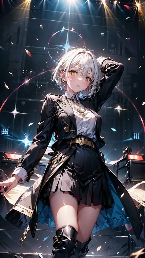 A 2 girl with short white hair and yellow eyes. She is wearing a white dress with gold details., a black blazer, one over black skirt, a brown belt and black knee-high leather boots. The background is from a live show, with bright lights and stage effects ...