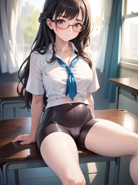 Wearing a U-neck T-shirt:1.5、White Pantyhose、latex bike shorts、Wearing bike shorts over pantyhose、Braid、Glasses、Black Hair、Like the whole body、Big Breasts 、Beautiful feet、Big Ass、School classroom、Beautiful feet、Sitting on a desk in the classroom with her l...