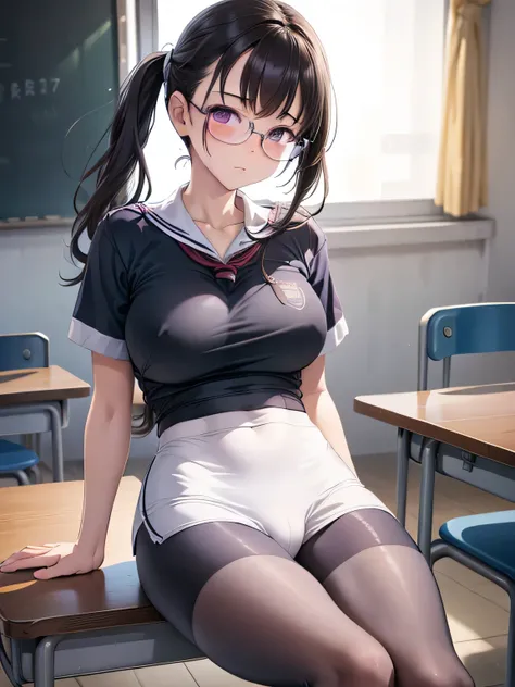 Wearing a U-neck T-shirt:1.2、White Pantyhose、purple bike shorts、Wearing bike shorts over pantyhose:1.5、Braided Pigtails:1.3、Glasses、Black Hair、Like the whole body、Big Breasts 、Beautiful feet、Big Ass、School classroom、Beautiful feet、Sitting on a desk in the ...