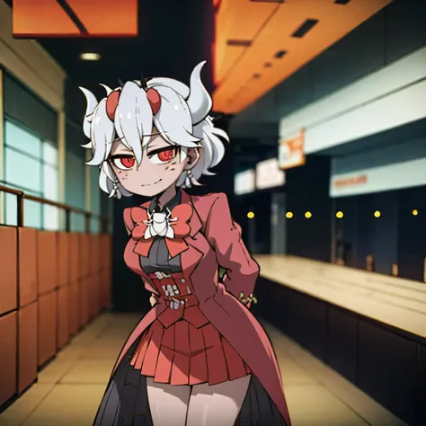 beelzebub(helltaker), red bowtie,1girl, looking at viewer, red eyes, demon horns, white hair, smile, earrings, closed mouth, demon girl, red gloves, gloves, jewelry, horns, white horns, solo, hair between eyes, cowboy shot, solo, short hair, school uniform...