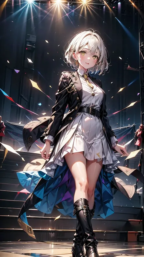 A 2 girl with short white hair and yellow eyes. She is wearing a long white dress with a black blazer with gold details., a brown belt and black knee-high leather boots. The background is from a live show, with bright lights and stage effects that highligh...