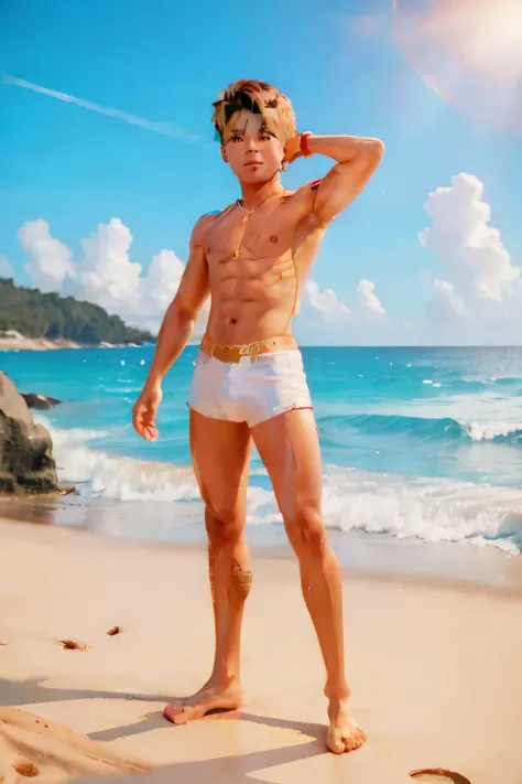 A 2 surfer dude posing confidently on a sunny beach, showing off his new white denim short shorts with a 2" inseam, tanned and athletic physique, beach, waves, confidence, surrounded by golden sand and crashing waves, creating a carefree and bold atmospher...