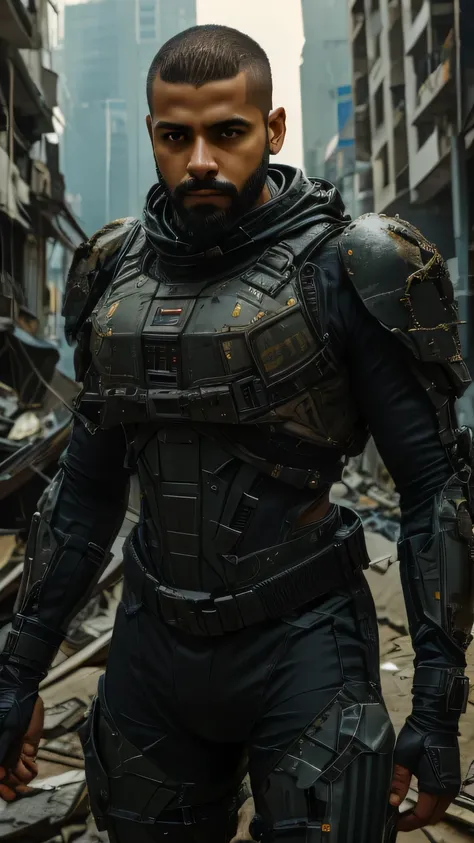 Brazilian man, light brown skin, shaved hair, little beard and black mustache, tall, muscular, futuristic military clothing, in combat pose, defiant look. In a destroyed city.