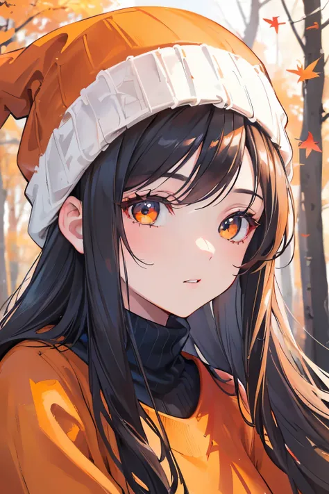 a girl wearing a beanie in an autumn landscape, orange red and yellow leaves, cozy atmosphere, (best quality,4k,8k,highres,masterpiece:1.2),ultra-detailed,(realistic,photorealistic,photo-realistic:1.37),detailed face, beautiful eyes, beautiful lips, detail...