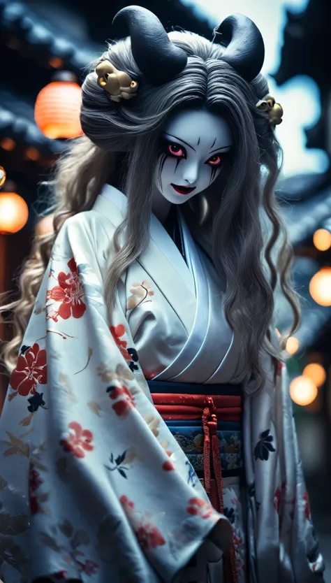 Steampunk Japanese Town、There are a lot of monsters behind、Full Body Shot、Horror-themed movie stills,、Calm, A female yokai with long hair wearing a pure white wedding kimono,（Head size 1:４) (Full body portrait:1.3), (Detailed evil face of a woman:1.4), I a...