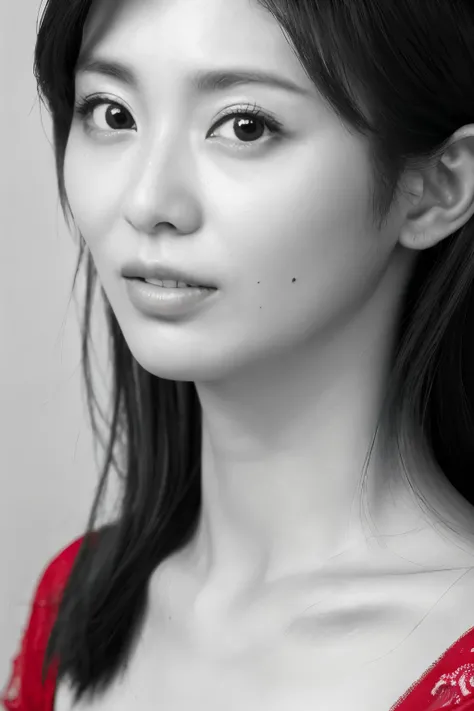 Masterpiece, Best Quality, Photorealsitic, Ultra-detailed, finely detail, high resolution, 8k wallpaper, Professional, high level of detail, ((monochrome photo)), 1girl in, Skinny Japanese woman, ((Facing the front)), ((Only lips are in Red)), Detailed cla...