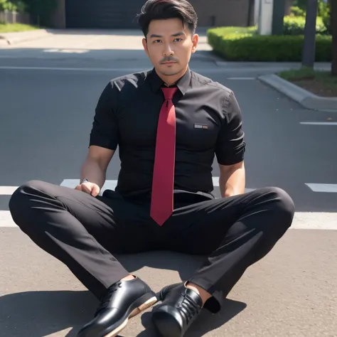 40 years old,One Man,Black Shirt、Red tie、Black slim pants、,Morning parking lot、mafia、Sitting with legs wide open、Hold a gun,logic,Gay ,short punch perm、,Stubble,Asian Faces,Handsome Dad,Bulging in the crotch area of pants