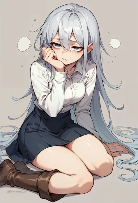 School girl with long silver hair. Skirt. Boots. White shirt. Neat. Formal outfit. Sleepy face. Parted lips. Sleepy eyes. She puts a hand over her face. Focus on the face.