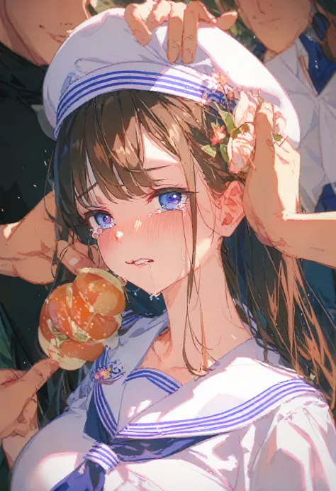 ((A packed train))、((Full body image))、Beautiful sister、((One Girl))、White skin、((Many men near face))、((White Sailor Suit))、((tits))、Long dark brown hair、bangs、((Crying face、Girls tears、Girl Turning Her Head))、Low - Angle、((Touching top of bust's butt...