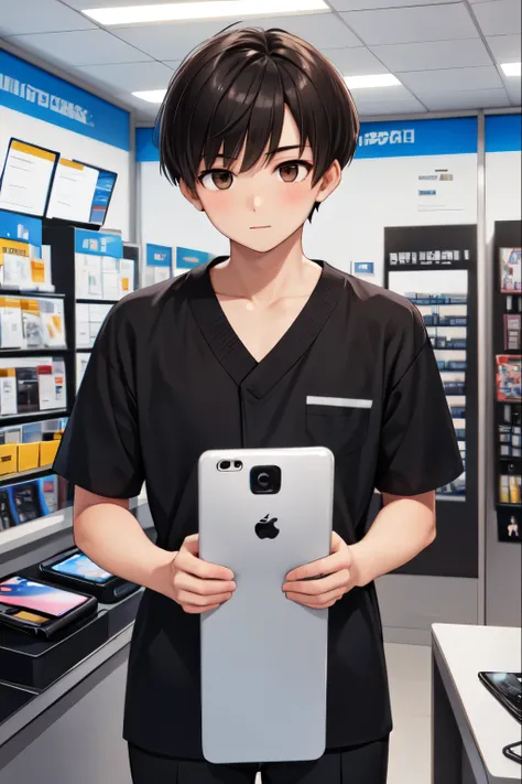1boy (phone store attendant, 1.7m tall, 20 years old, brown eyes, black flat cut hair.)