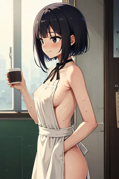 1.woman, nude apron, fake smile, sweat on face, embarrassed, front view, focus on face, hands in front, large breasts, short hair, small nipples, naked, black hair, naked, black eyes, cafe, coffee, ribbon around neck