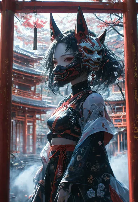 Photorealistic, High resolution、fear、horor、night、An image of a female android wearing a kimono dress and a fox mask strolling through a Kyoto shrine has been created。The style is also terrible.、人間とroboTの融合は美しさの中に神秘的でSpooky atmosphereがある。Torii gate in the b...