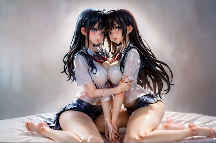 (two girls hugging each other and holding hands:1.8), (sitting on the bed:1.5), (school uniform:1.5)、(big breasts、butt:1.5), (cr...