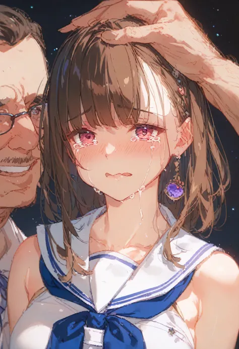 ((A packed train))、((Full body image))、Beautiful sister、((One Girl))、White skin、((Many old men near face))、((White Sailor Suit))、((tits))、Long dark brown hair、bangs、((Crying face、Girls tears、Girl Turning Her Head))、Low - Angle、((Touching bust top's but...