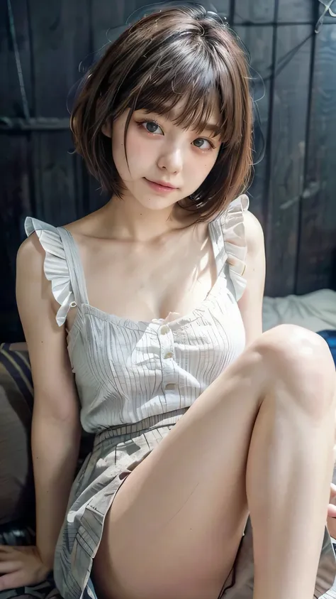 Sitting on the bed、(Realistic、Like a photograph、Live Action、8k, Photorealistic, RAW Photos, Best image quality: 1.4), Single-lens reflex camera、RAW Photos, Highest quality, Realistic, Highly detailed CG Unity 8k wallpaper, Written boundary depth, Cinematic...