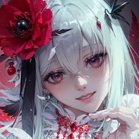 A person with long, straight, white hair adorned with intricate and elaborate accessories, including a large red flower. Theyre wearing a delicate outfit featuring a transparent white material with red bead decorations. Their hands, positioned gracefully, ...