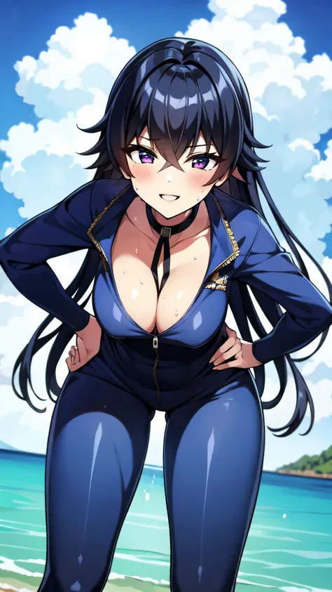 （（super high quality,））（（Ultra-high resolution,））（16K,）（super masterpiece,）（（Ultra HD ,））（Detailed shading,）（（Full Color,））Sea in clear skies,Looking up from below,One Girl,（（A shiny navy blue skin-tight sweatsuit,Cleavage,Open from neck to chest:1.8,poppe...