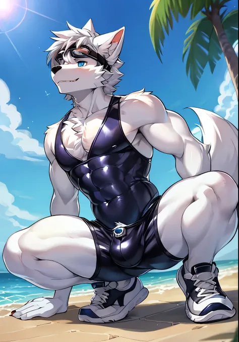 Furry，wolf boy，White fur，crystal blue eyes，Single fluffy tail，greyt hair，short detailed hair，summer day，Wear diving goggles，masculine features，squat，asshole，Bulge，Sexy latex swimsuit，sneakers，full body，((perineum))，Look up from the bottom，bulge，Fighting，((...