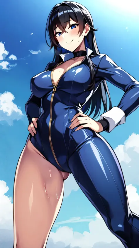 （（super high quality,））（（Ultra-high resolution,））（16K,）（super masterpiece,）（（Ultra HD ,））（Detailed shading,）（（Full Color,））Sea in clear skies,Looking up from below,One Girl,（（A shiny navy blue skin-tight sweatsuit,Open from neck to chest:1.8,popped Tight o...