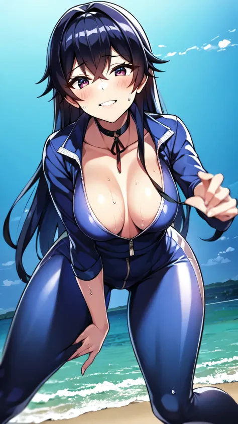 （（super high quality,））（（Ultra-high resolution,））（16K,）（super masterpiece,）（（Ultra HD ,））（Detailed shading,）（（Full Color,））Sea in clear skies,Looking up from below,One Girl,（（A shiny navy blue skin-tight sweatsuit,Open from neck to chest:1.8,popped Tight o...