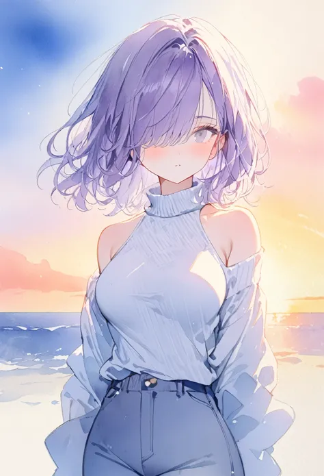 girl, purple hair, medium hair,hair over eye,mesh hair, white eyes, albino,焦り,from front, looking away,bare shoulder, high neck sweater,long sleeve,slacks,medium breast,sunrise,blue tone, watercolor , masterpiece,best quality,ultra detail,