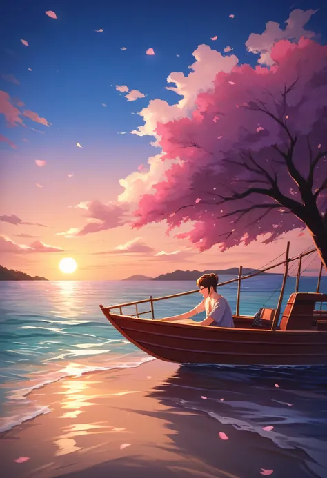 There is a boat on the beach near the water, sunset, a ship on a deserted island, with cherry blossom tree, bass guitar, Gita, inspirational, serene environment, photoshot, small boat in foreground, boat in foreground, pequeno boat in foreground, 4 0 9 6, ...