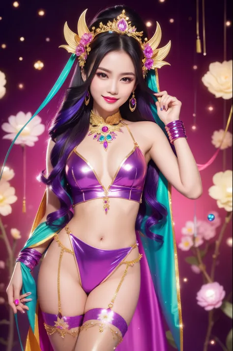 sexy Thai model who controls poison、beautiful smile、lip-gloss、bold lipstick、colorful metallic makeup、look at the camera、full body Esbian、、sparkling poisoned flower costume、、、、sparkling Colorful hair、secrete poison、skull hair accessories、sexy tights、shiny s...