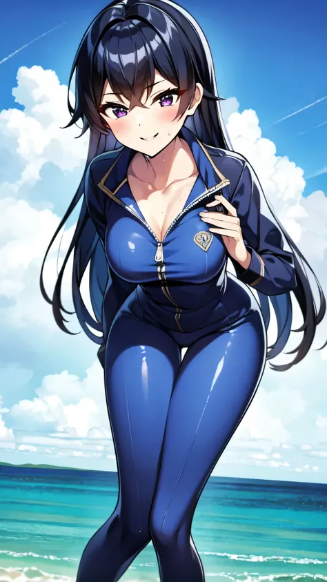 （（super high quality,））（（Ultra-high resolution,））（16K,）（super masterpiece,）（（Ultra HD ,））（Detailed shading,）（（Full Color,））Sea in clear skies,Shooting from below,One Girl,（（A shiny navy blue skin-tight sweatsuit,Open from neck to chest:1.8,popped Tight ope...