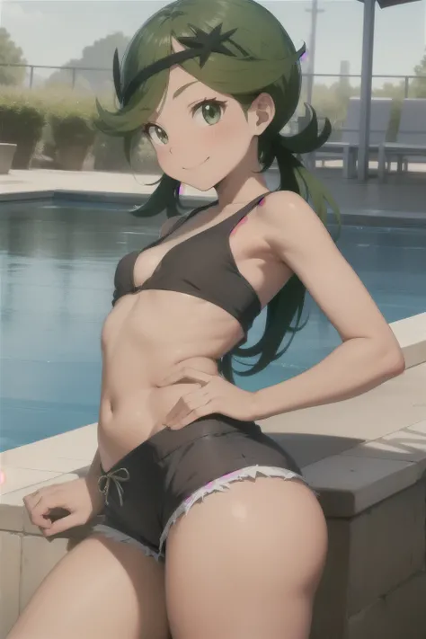 Anime style, 1 girl ,mallow , young girl , childshi  body ,solo , green hair , flat chest ,  smug face smile , blush, sexy micro shorts jeans , nádegas . Back , ass  ,pool , shorts jeans 