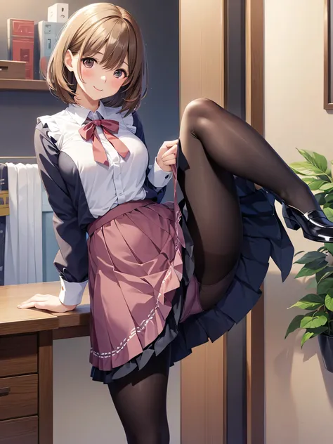 1 female, blush, smile , Cute girl anime visuals, Beautiful Anime Girls, Smooth anime CG art, Official artwork, Fascinating anime , standing on one leg ,leg_lift ,panties under pantyhose,standing_split