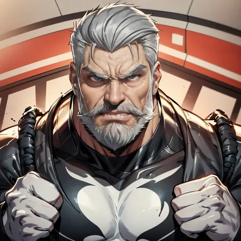 a muscular man, quiff hairstyle, gray hair, gray mustache, gray beard, venom symbiote, large white spider logo on symbiote, hand...