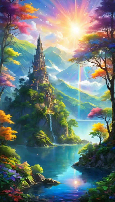 The Enchanting Dreamlight Island, a vision of beauty. Sunlight dances through a veil of mist.., Surrounding mountains々The lake reflects the light and casts a mottled shadow on its surface.... An imposing tower of light rises into the sky., The surface refl...