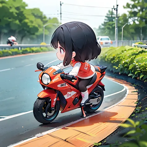 little mascot girl, rear view of a female racer racing on a road bike, black hair, semi-long, stylish, road bike racing, behind ...