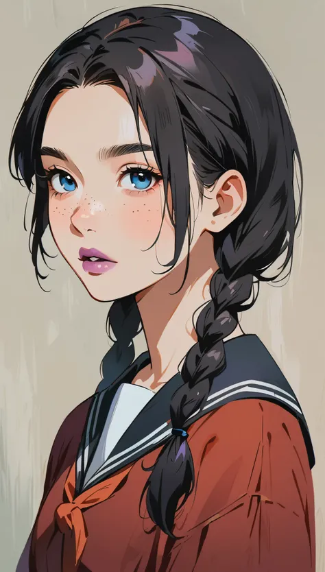 (masterpiece、Highest quality: 1.2)、1 girl with depression、Anime Style、Black Hair、Light purple lips、Braid、Braiding、Pigtails、In the style of famous portrait painters、Black school uniform、blue eyes、Freckles、Gray background。