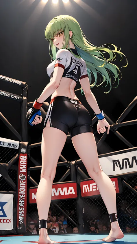 CC_Code Geass, Hair between the eyes, Very long hair 1 person, Bright light, laughing, alone, full body shot, Fighting, (masterpiece, Highest quality), 8k, Intricate details, (on MMA Arena :1.5), (wearing MMA uniform:1.5, white tops and black bottoms:1.3),...