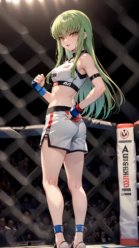 CC_Code Geass, Hair between the eyes, Very long hair 1 person, Bright light, laughing, alone, full body shot, Fighting, (masterpiece, Highest quality), 8k, Intricate details, (on MMA Arena :1.5), (wearing MMA uniform:1.5, white tops and black bottoms:1.3, ...