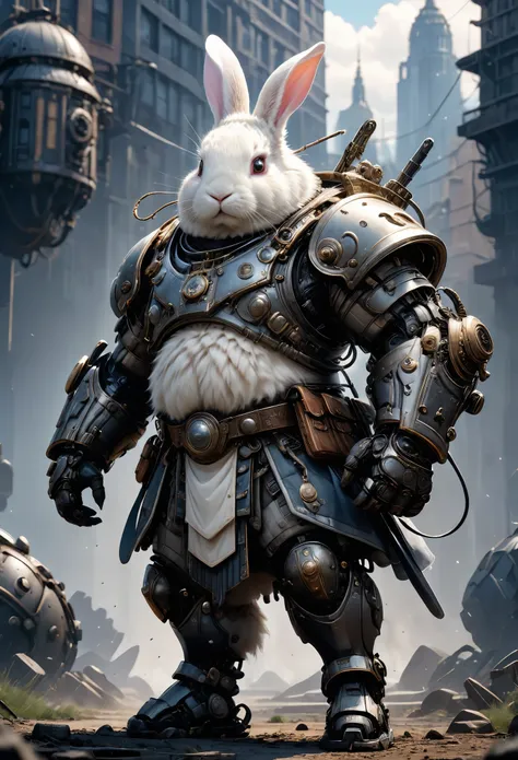 photorealistic portrait of dressed animals - a ((fat)) (angora rabbit) warrior,(brave pose), high quality,(lovely) ,intricate de...