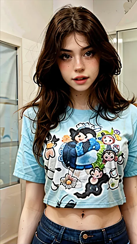 one girl, hannahowo, whole body, simple background, t-shirts, pants, looking into the camera,