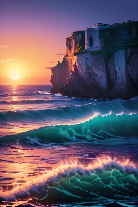 (masterpiece, Highest quality:1.4), Cinematic Light, colorful, High Contrast, neon, null, sunlight, null間, Beach, Wave, unmanned, Vast landscape photography, (a view from below that shows the null above and the sea below use a lot of purple and orange, det...