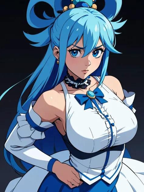 aqua from konosuba, long blue hair, in a white off-the-shoulder dress with frills, lace detailing, and a blue bow, complemented by a black choker, Several earrings, and white cuffs on the wrists, striking a confident pose, one hand rests on the hip, I look...