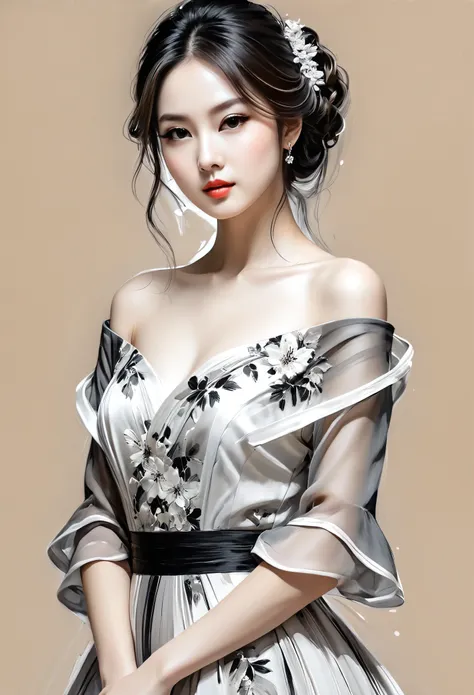 elegant maiden，black andwhite水墨画，pen sketch drawing，loose brushwork，pen outlines delicate lines，fluid action，subtle shades of pa...