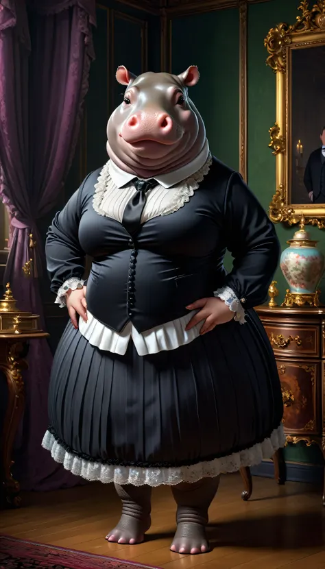 photorealistic portrait of Dressed animals - a ((fat)) (hippo) teacher,(elegant pose:1.5),(hands on hips:1.5), (cute smile:1.2),(),high quality,(lovely) ,intricate detailed clothes, highly detailed ((Gothic Long-sleeved shirt, Dress, Black tie,)), , highly...