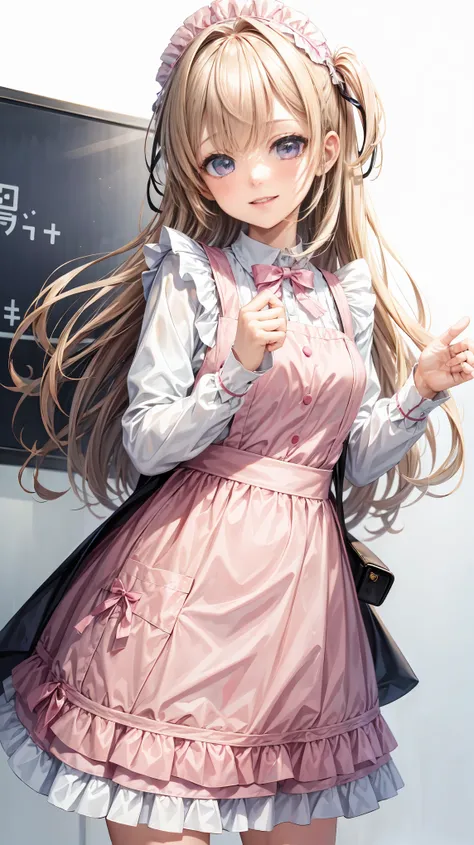 ((pastel color)), 
((from front)), ((happy smile)),
(best quality extremely detailed),
girl, 1girl, kawaii,
blunt bangs, blond hair, long hair, BREAK,
light pink eyes,  BREAK, Long eyelashes, BREAK,
((pink frill apron)),
White frill blouse, BREAK, Pink che...